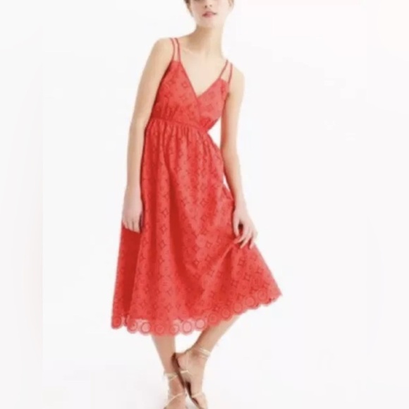 J Crew Coral Red Eyelet Double Strap 100% Cotton Midi Dress Size 10 - Picture 1 of 8